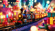 A joyful toy train set with birthday gifts chugging through a vibrant miniature town with sparklers