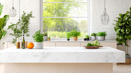 Wall Mural - Modern empty white marble table for product display with kitchen room interior background