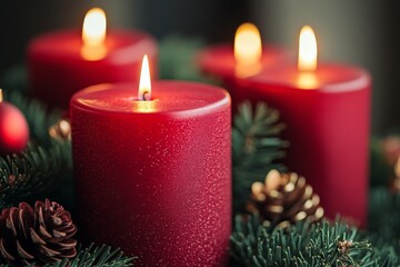 Red Christmas candles surrounded by festive pine cones symbolizing warmth tradition and togetherness during the holiday season in a cozy rustic setting with warm lighting