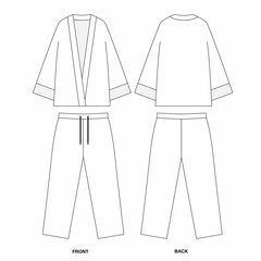 Canvas Print - clothes for people. Drawing of loose shirt and loose pants, front and back view. Outline sketch of leisure suit made of pants and cape. Template of kimono costume on white background.