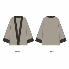 Wall Mural - illustration of kimono style jacket front and back view. Template of simple cut shirt with free sleeves. Flat sketch of a loose cut robe with long sleeves.