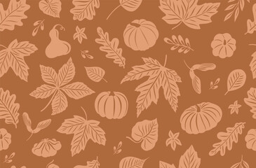 Wall Mural - seamless pattern with pumpkin, flowers, oak and maple leaves on white background. perfect for wallpa