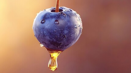 Wall Mural -   An apple with a blue hue and a stick protruding from its core, adorned with water droplets