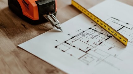 A close-up shot of a blueprint with a pen and measuring tape, showcasing detailed architectural plans on a wooden surface.