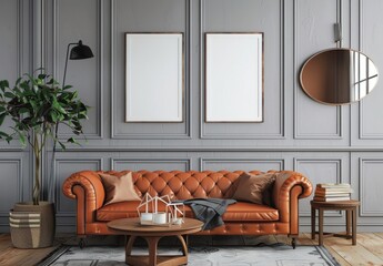 Elegant living room interior design with a brown leather sofa, two empty frames and a round mirror hanging on a gray wall