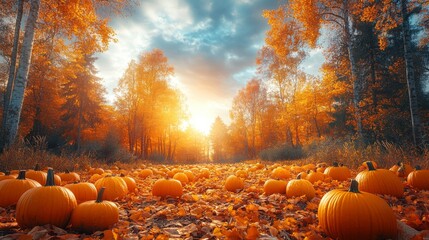 Poster - A forest path is adorned with bright orange pumpkins among fallen leaves, framed by trees bathed in warm autumn colors under a stunning sunset.