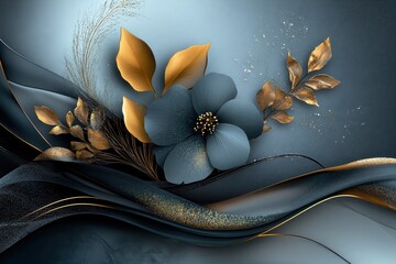 elegant dark blue flower with golden leaves and branches, set against a flowing abstract background, featuring shimmering textures and soft gradients, creating a luxurious and serene compositiondark b