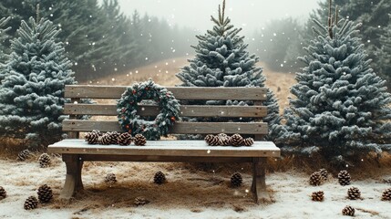 Snow falling on park bench with christmas wreath and pine trees