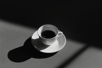 A simple white cup and saucer sit on a dark surface, illuminated by natural light casting sharp shadows around the coffee