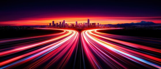 Dynamic light trails on a highway leading to a vibrant city skyline during sunset.