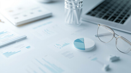 Clean, minimalist workspace featuring pie charts and financial reports, ideal for representing data analysis, strategy, and corporate success.