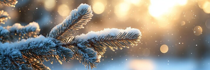 Wall Mural - Snow covered pine branch glistening in the warm morning sunlight near a wintery forest