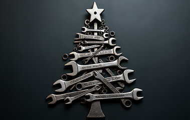tools form christmas tree wrenches spanners dark background industrial holiday