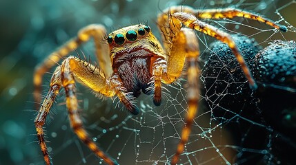 Wall Mural -   A close-up of a spider on a cobweb with water droplets on its back legs