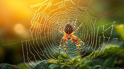 Wall Mural -  Close-up of a spider on a web amidst a green forest, with sunlight illuminating the background