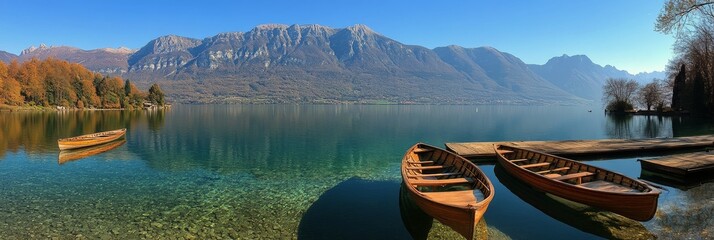 Wall Mural - Scenic view of wooden boats by a tranquil lake surrounded by mountains on a sunny day