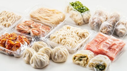 Frozen Asian cuisine, including dumplings and noodles, neatly packaged and arranged on a white background.