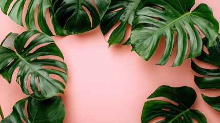    Green leaves on pink background with text space on left side