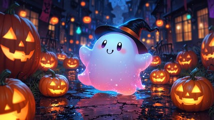 Wall Mural - A cute, glowing ghost and pumpkins floating in the dark, with multicolored lights sparkling on its body