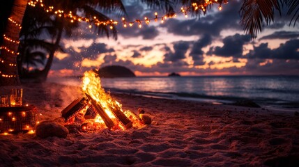 Romantic evening by the beach, cozy bonfire, palm trees, and ocean at sunset in a tropical setting inviting relaxation and peace