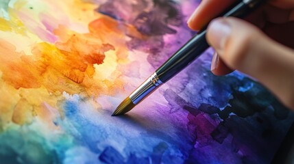 A hand holds a paintbrush over a vibrant watercolor palette, blending colors.