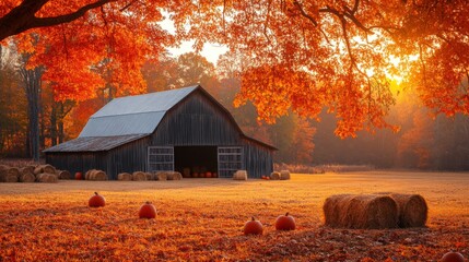 Aufkleber - Golden sunlight bathes a rustic barn as autumn leaves create a vibrant backdrop. Pumpkins dot the field, enriching the fall atmosphere.