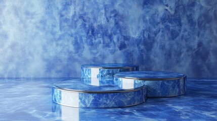 Fototapete - Three circular blue display pedestals sit in a contemporary studio, reflecting light from a textured background, creating a serene and stylish atmosphere perfect for showcasing products or art.