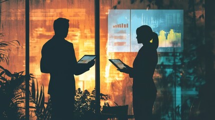 A silhouette of two professionals engaging with tablets against a glowing backdrop, depicting collaboration and technology in a modern workspace.