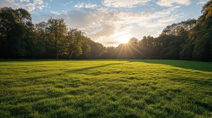 Wall Mural - A quiet meadow in the late afternoon, with long shadows and golden light streaming across the grass