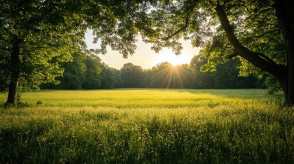 Wall Mural - A tranquil meadow scene with sunlight filtering through a canopy of trees at the edge of the field