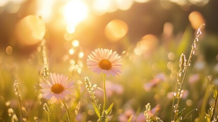Wall Mural - A close-up of a meadow flower, with soft-focus background and sunlight shining through the petals