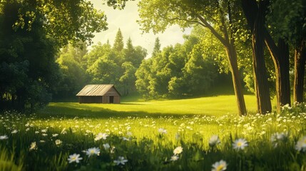Wall Mural - A tranquil meadow scene with a small wooden cabin in the distance, surrounded by tall trees