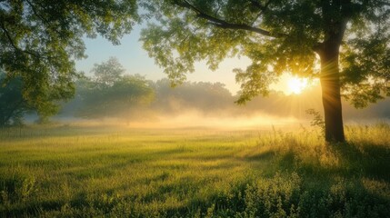 Wall Mural - A quiet meadow at dawn, with soft mist rising from the ground and the first light of day shining through