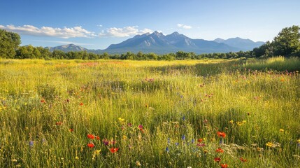 Wall Mural - A wide view of a meadow with tall grasses and colorful wildflowers, with a distant mountain range under a clear sky