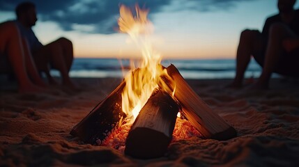 A cozy campfire on the beach with friends enjoying the warm glow and sounds of the crackling flames.