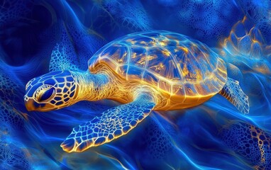 Abstract Sea Turtle Swimming in a Vibrant Blue World