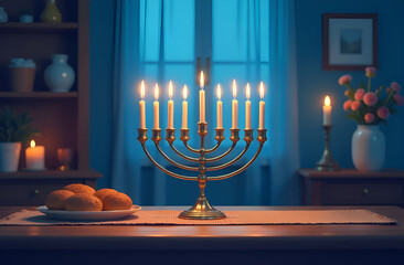 Hanukkah candle holder with candles. Hanukkah celebrations, Jewish religion.