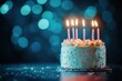 © SKIMP Art - Close-up of a birthday cake with lit candles, on a dark blue background vibrant stage backdrops Generative AI