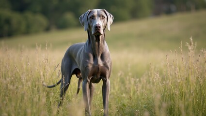 Majestic Weimaraner in sunlit field glistening gray coat surveying landscape