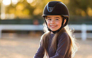 Wall Mural - Happy child in equestrian gear with horse, enjoying a day of horseback riding