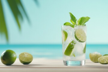 A refreshing cocktail with lime and mint against a beach backdrop.