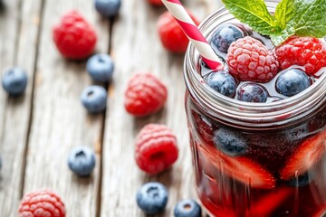 A refreshing berry drink in a jar with mint and a straw.