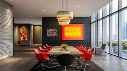 Modern conference room with large windows, red chairs, wooden table, and abstract artwork.