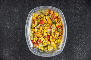 corn salad tasty food dish second course Fresh delicious gourmet food background on the table rustic food top view copy space top view keto and paleo diet Vegetarian and vegan food