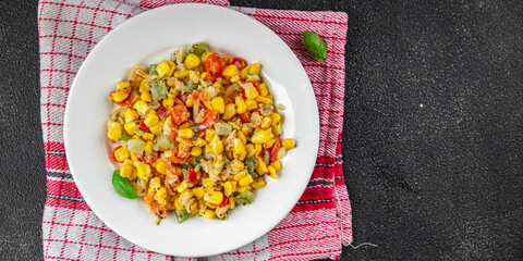 corn salad tasty food dish second course Fresh delicious gourmet food background on the table rustic food top view copy space top view keto and paleo diet Vegetarian and vegan food