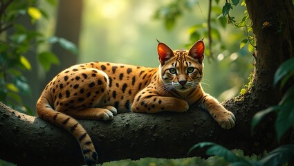 majestic ocelot on jungle branch golden fur with black spots