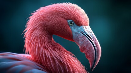 A close up of a flamingo with its head tilted to the side