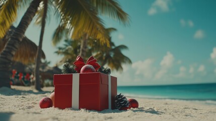 Tropical christmas, red gift and ornaments on a beach with palm trees and a blurred cabana in the background