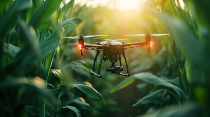 Artificial intelligence in agriculture, showing automated drones tending to crops