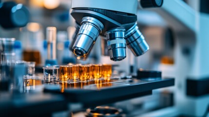 Wall Mural - microscope and test tubes in laboratory setting